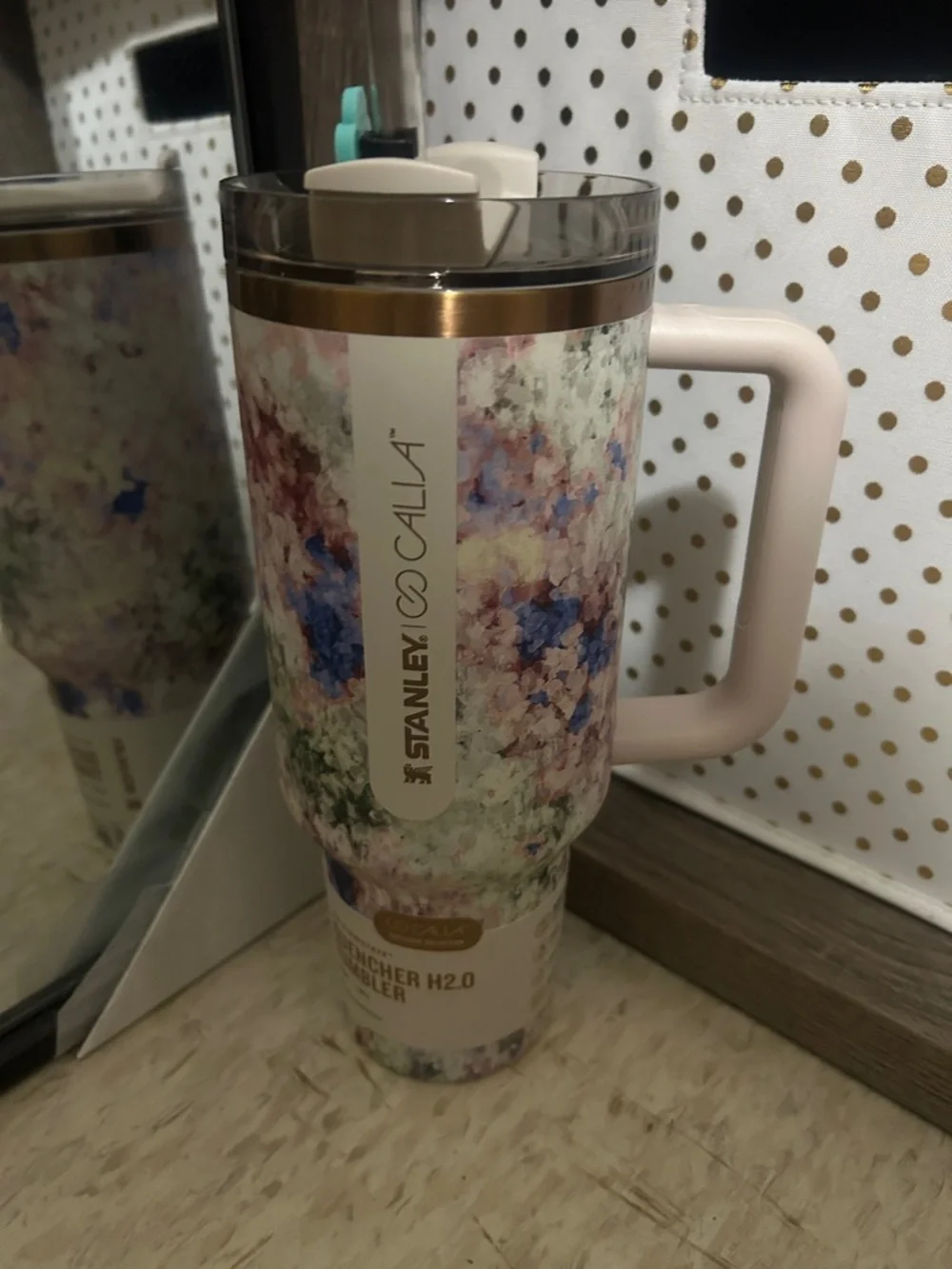 Stanley Floral Pastel Travel Mug with Pink Handle and Gold Rim - Picture 1 of 3